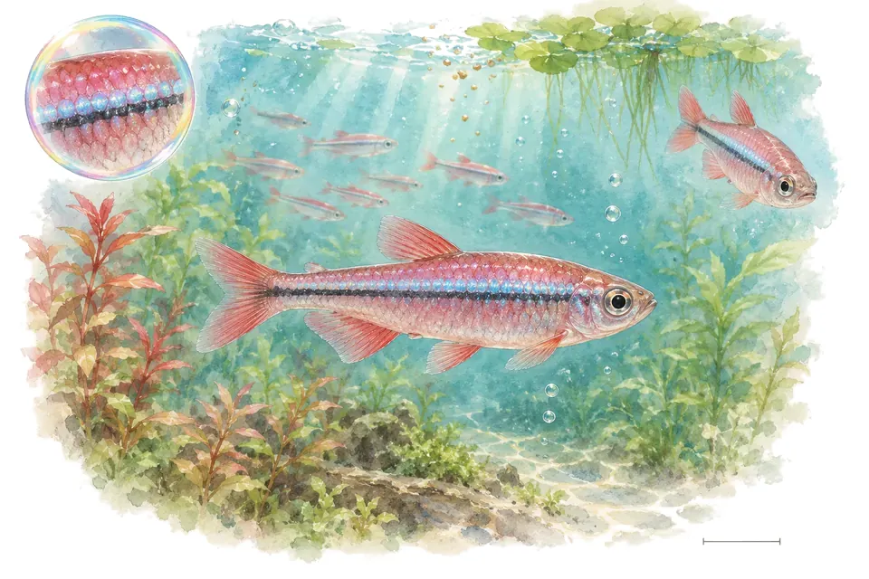 Aquarelle : Danio rose (Danio roseus) dans une eau turquoise lumineuse, avec une vue de trois quarts et un détail dans une bulle.