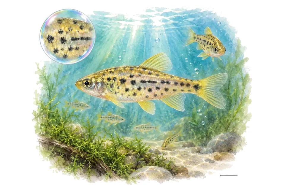 Aquarelle : Danio tinwini (Danio tinwini) dans une eau turquoise lumineuse, avec une vue de trois quarts et un détail dans une bulle.