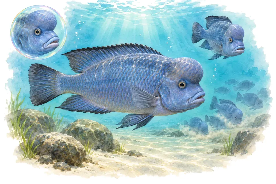 Aquarelle : Dauphin bleu du Malawi (Cyrtocara moorii) dans une eau turquoise lumineuse, avec une vue de trois quarts et un détail dans une bulle.