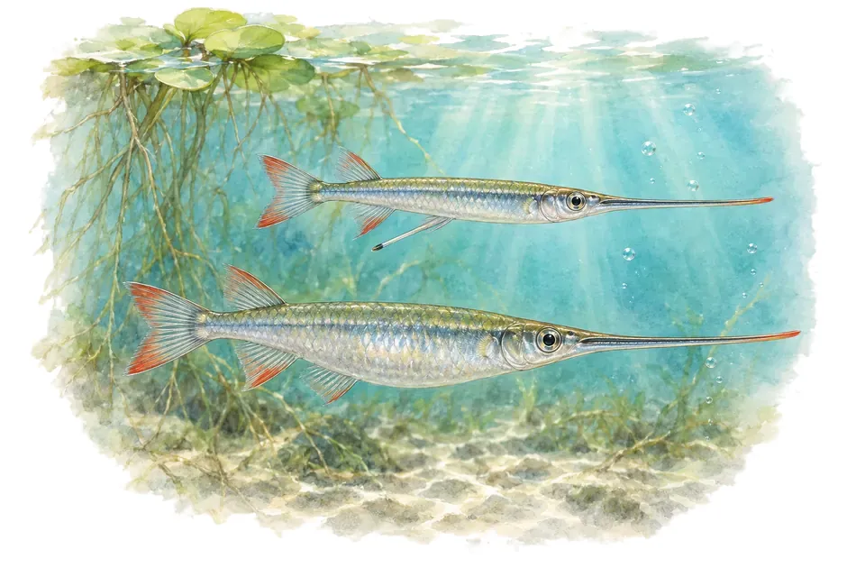 Aquarelle : Demi-bec de Dermogenys, mâle et femelle l'un au-dessus de l'autre dans une eau turquoise.