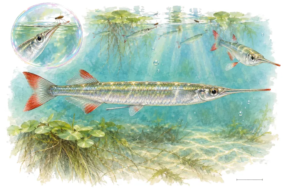Aquarelle : Demi-bec de Dermogenys (Dermogenys pusilla) dans une eau turquoise lumineuse, avec une vue de trois quarts et un détail dans une bulle.
