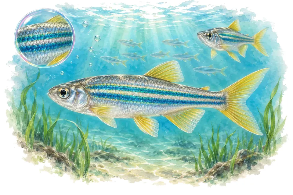 Aquarelle : Danio géant (Devario aequipinnatus) dans une eau turquoise lumineuse, avec une vue de trois quarts et un détail dans une bulle.