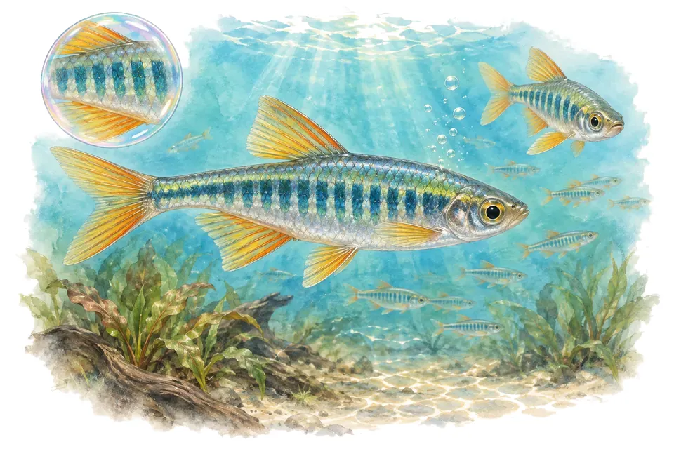 Aquarelle : Dévario non identifié (Devario sp. (espèce à identifier)) dans une eau turquoise lumineuse, avec une vue de trois quarts et un détail dans une bulle.