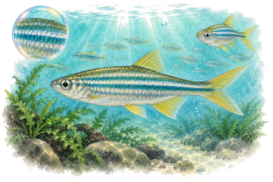 Aquarelle : Danio de Malabar (Devario malabaricus) dans une eau turquoise lumineuse, avec une vue de trois quarts et un détail dans une bulle.