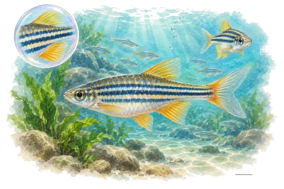 Aquarelle : Danio de pathirana (Devario pathirana) dans une eau turquoise lumineuse, avec une vue de trois quarts et un détail dans une bulle.