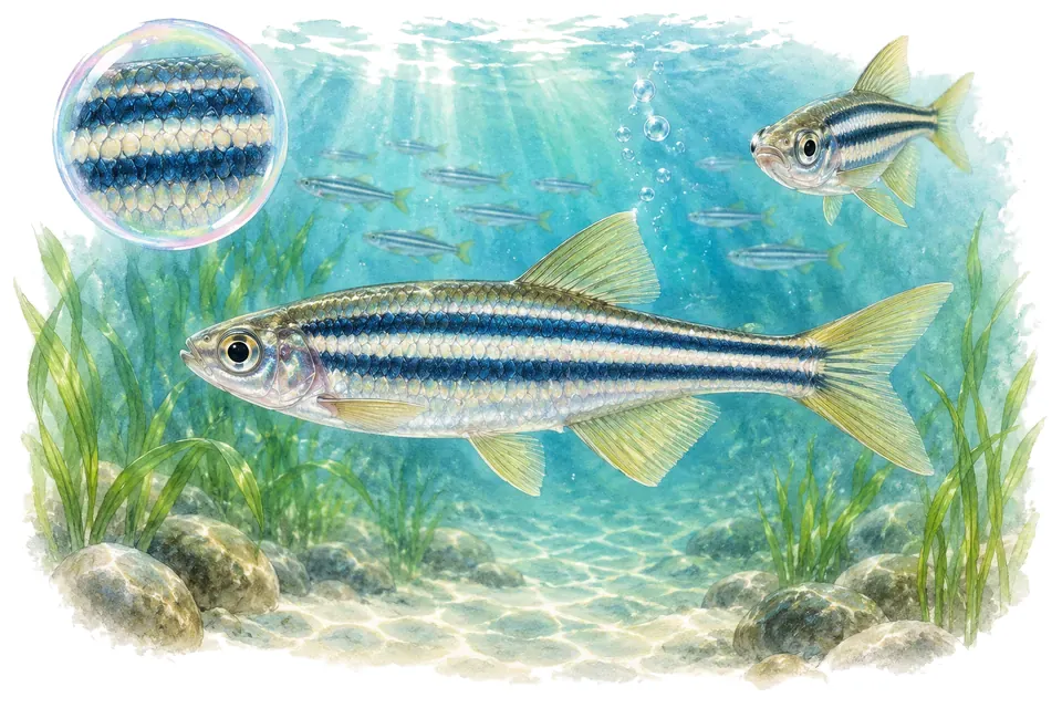 Aquarelle : Devario de Sondhi (Devario sondhii) dans une eau turquoise lumineuse, avec une vue de trois quarts et un détail dans une bulle.
