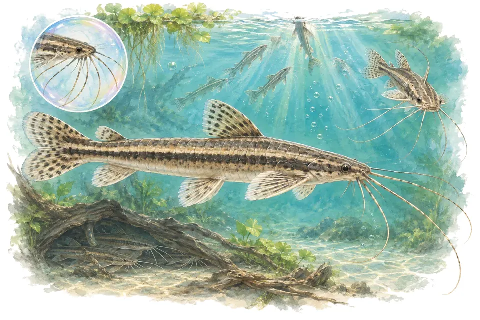 Aquarelle : Dianéma à longues barbes (Dianema longibarbis) dans une eau turquoise lumineuse, avec une vue de trois quarts et un détail dans une bulle.