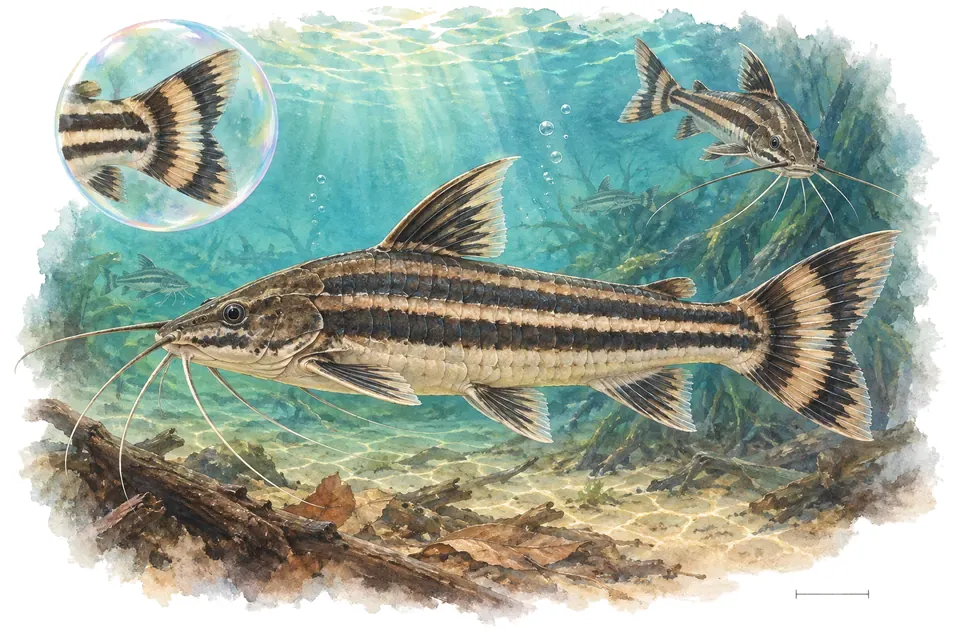 Aquarelle : Dianéma à queue rayée (Dianema urostriatum) dans une eau turquoise lumineuse, avec une vue de trois quarts et un détail dans une bulle.