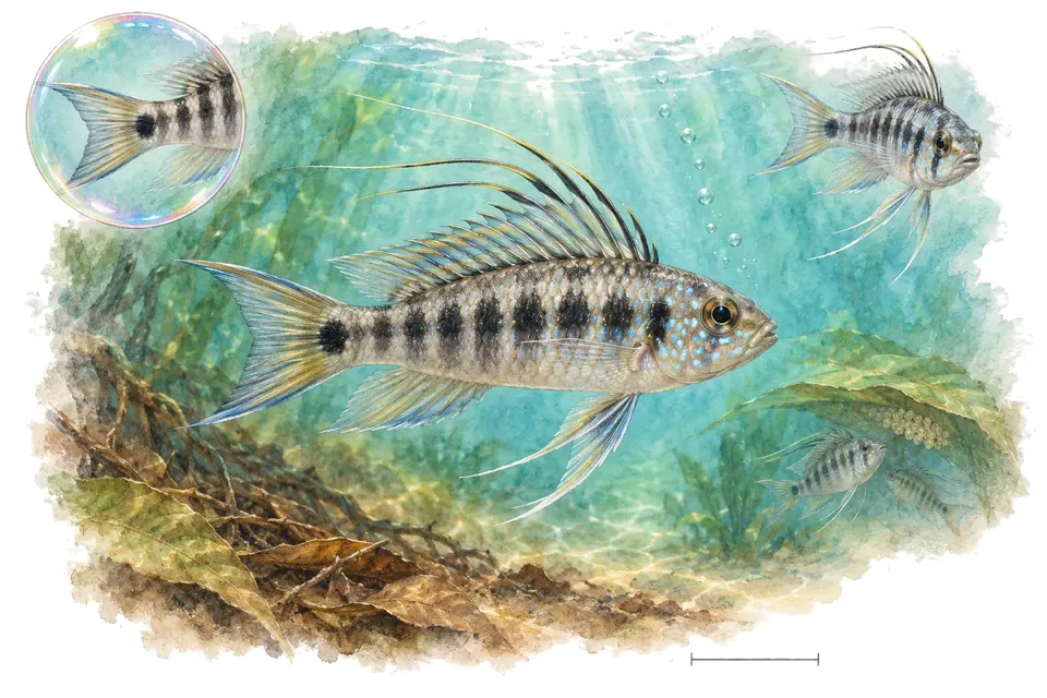Aquarelle : Dicrossus à queue d'éperons (Dicrossus filamentosus) dans une eau turquoise lumineuse, avec une vue de trois quarts et un détail dans une bulle.