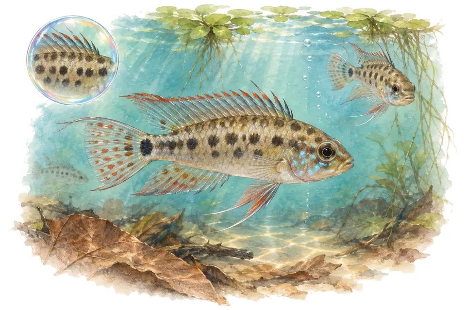 Aquarelle : Cichlidé damier à taches (Dicrossus maculatus) dans une eau turquoise lumineuse, avec une vue de trois quarts et un détail dans une bulle.