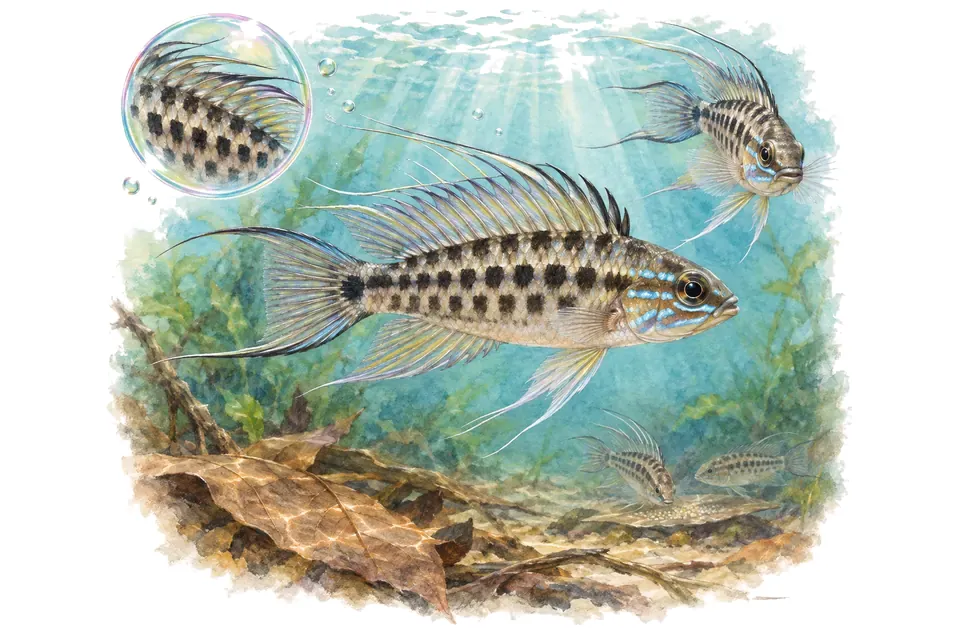 Aquarelle : Cichlidé damier du Tapajós (Dicrossus warzeli) dans une eau turquoise lumineuse, avec une vue de trois quarts et un détail dans une bulle.