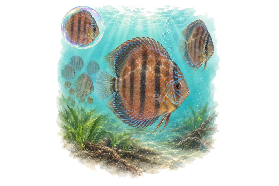 Aquarelle : Discus (Symphysodon discus) dans une eau turquoise lumineuse, avec une vue de trois quarts et un détail dans une bulle.