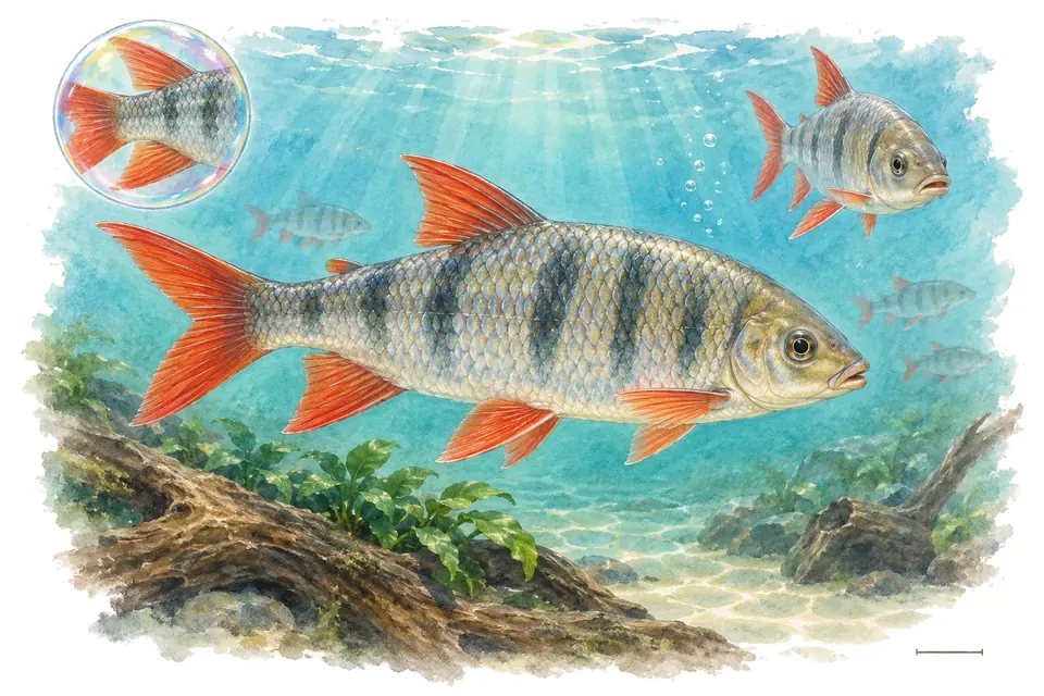 Aquarelle : Distichode à nageoires rouges (Distichodus affinis) dans une eau turquoise lumineuse, avec une vue de trois quarts et un détail dans une bulle.