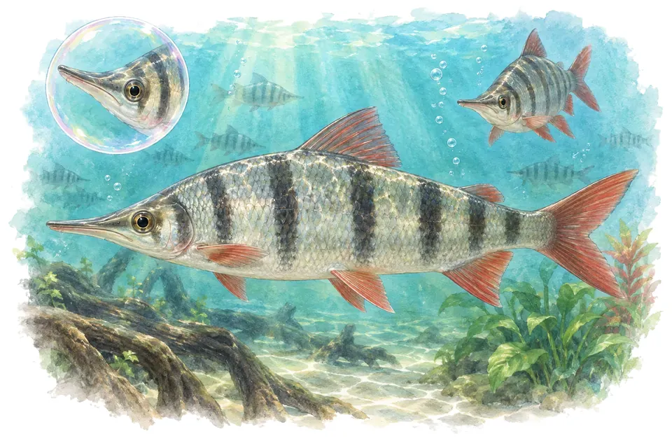 Aquarelle : Distichode à nez long (Distichodus lusosso) dans une eau turquoise lumineuse, avec une vue de trois quarts et un détail dans une bulle.