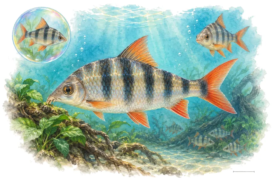 Aquarelle : Distichode nain (Distichodus noboli) dans une eau turquoise lumineuse, avec une vue de trois quarts et un détail dans une bulle.