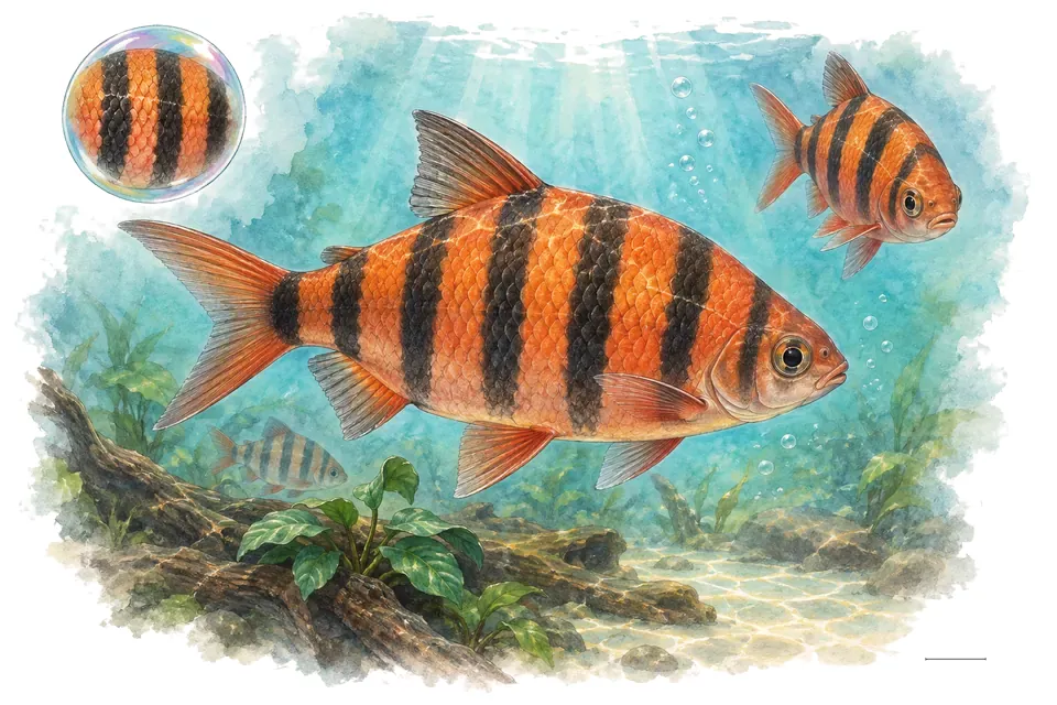 Aquarelle : Distichodus à six bandes (Distichodus sexfasciatus) dans une eau turquoise lumineuse, avec une vue de trois quarts et un détail dans une bulle.