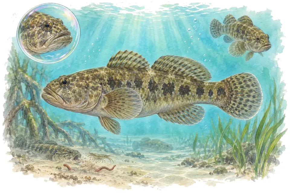 Aquarelle : Dormeur tacheté (Dormitator maculatus) dans une eau turquoise lumineuse, avec une vue de trois quarts et un détail dans une bulle.