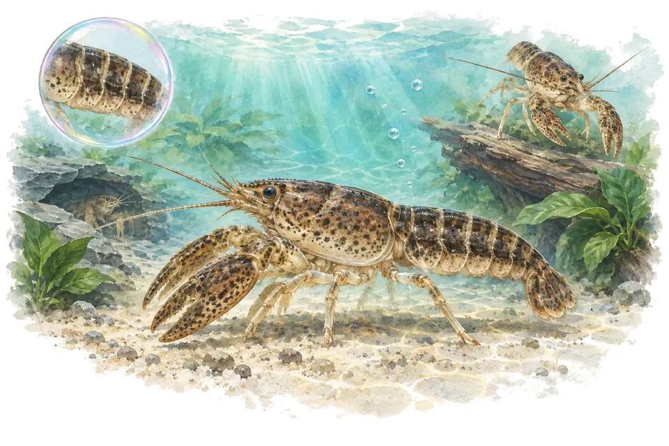 Aquarelle : Écrevisse naine de Montezuma (Cambarellus montezumae) dans une eau turquoise lumineuse, avec une vue de trois quarts et un détail dans une bulle.