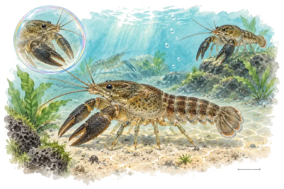 Aquarelle : Écrevisse naine de Zempoala (Cambarellus zempoalensis) dans une eau turquoise lumineuse, avec une vue de trois quarts et un détail dans une bulle.