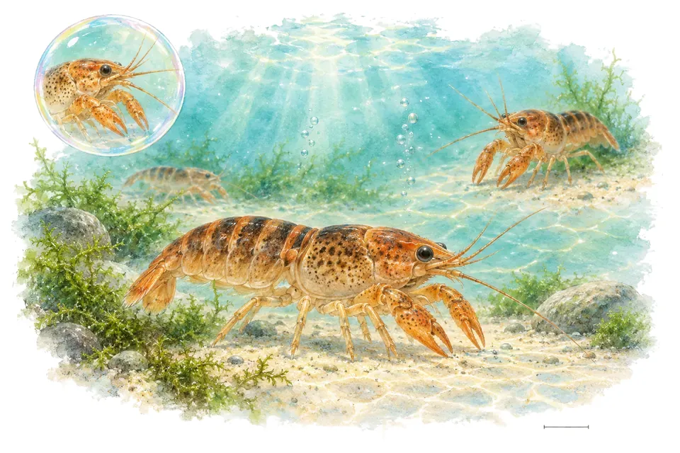 Aquarelle : Écrevisse naine du Mexique (Cambarellus patzcuarensis) dans une eau turquoise lumineuse, avec une vue de trois quarts et un détail dans une bulle.