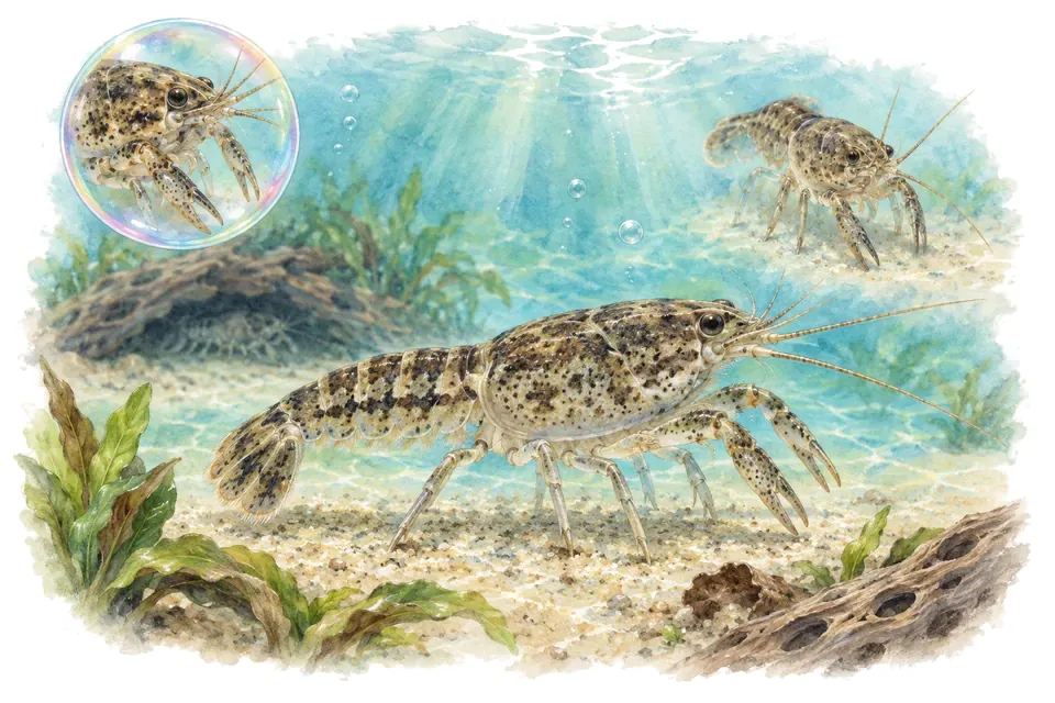 Aquarelle : Écrevisse naine du Texas (Cambarellus texanus) dans une eau turquoise lumineuse, avec une vue de trois quarts et un détail dans une bulle.