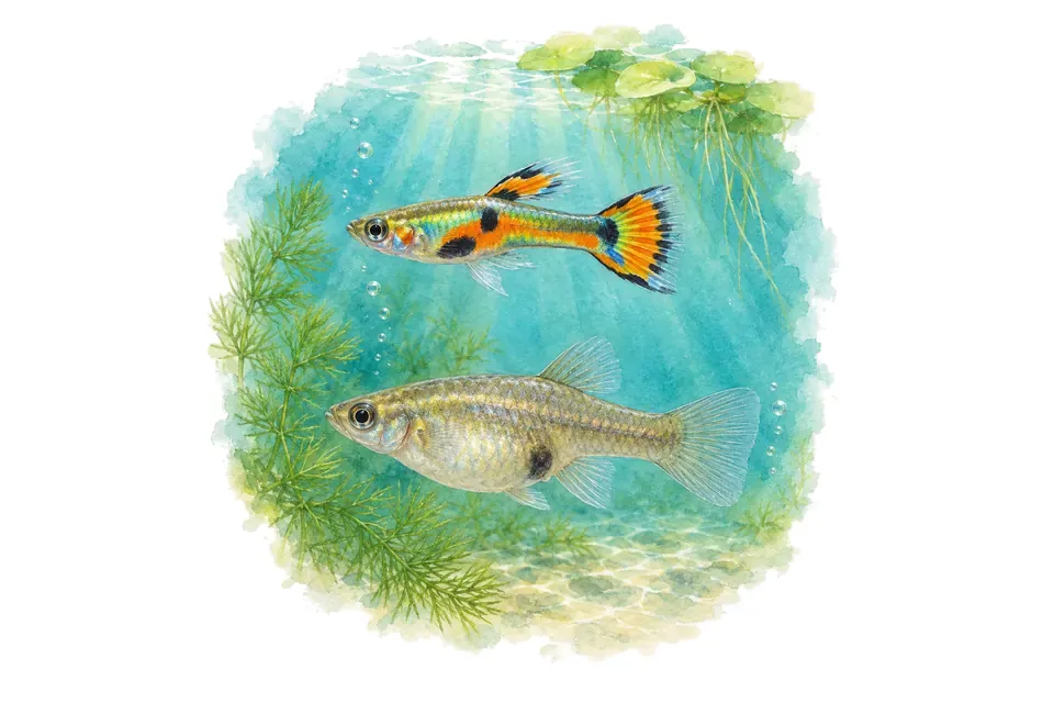 Aquarelle : Guppy endler, mâle et femelle l'un au-dessus de l'autre dans une eau turquoise.