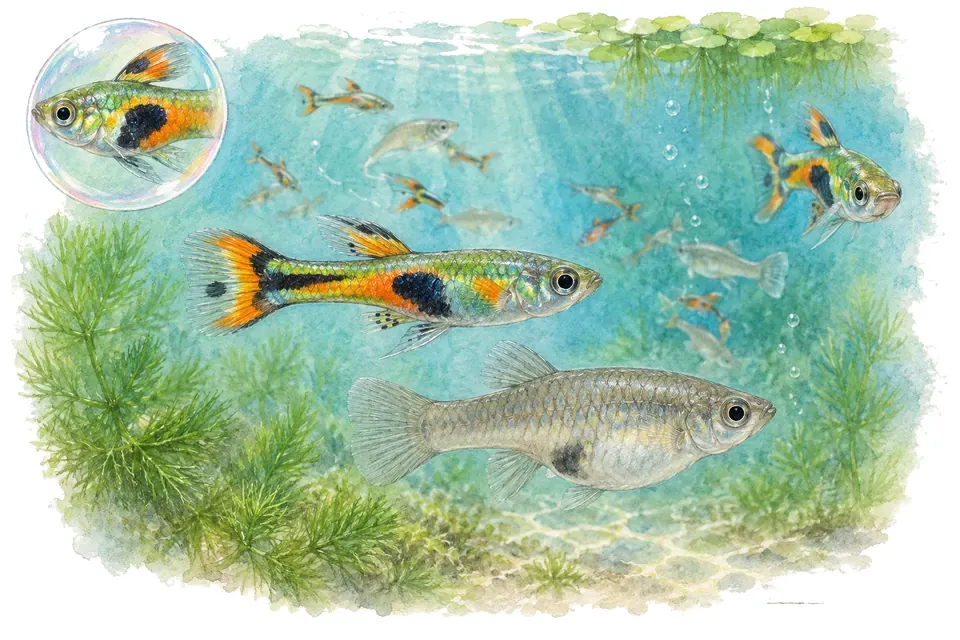 Aquarelle : Guppy endler (Poecilia wingei) dans une eau turquoise lumineuse, avec une vue de trois quarts et un détail dans une bulle.