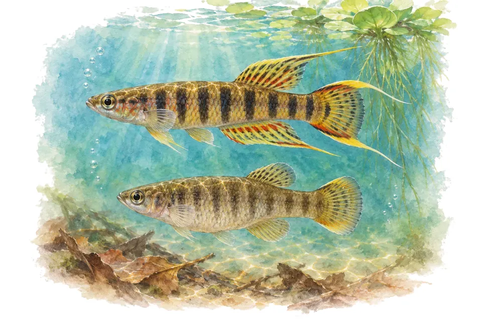 Aquarelle : Épiplatys de Dageti, mâle et femelle l'un au-dessus de l'autre dans une eau turquoise.
