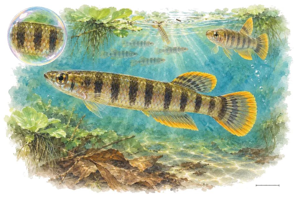 Aquarelle : Épiplatys de Dageti (Epiplatys dageti) dans une eau turquoise lumineuse, avec une vue de trois quarts et un détail dans une bulle.