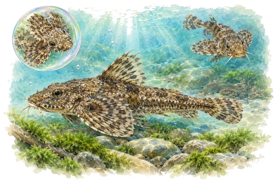 Aquarelle : Silure nain indien (Erethistes pusillus) dans une eau turquoise lumineuse, avec une vue de trois quarts et un détail dans une bulle.