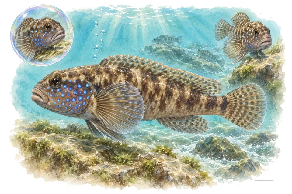 Aquarelle : Cichlidé-gobie du Tanganyika (Eretmodus cyanostictus) dans une eau turquoise lumineuse, avec une vue de trois quarts et un détail dans une bulle.