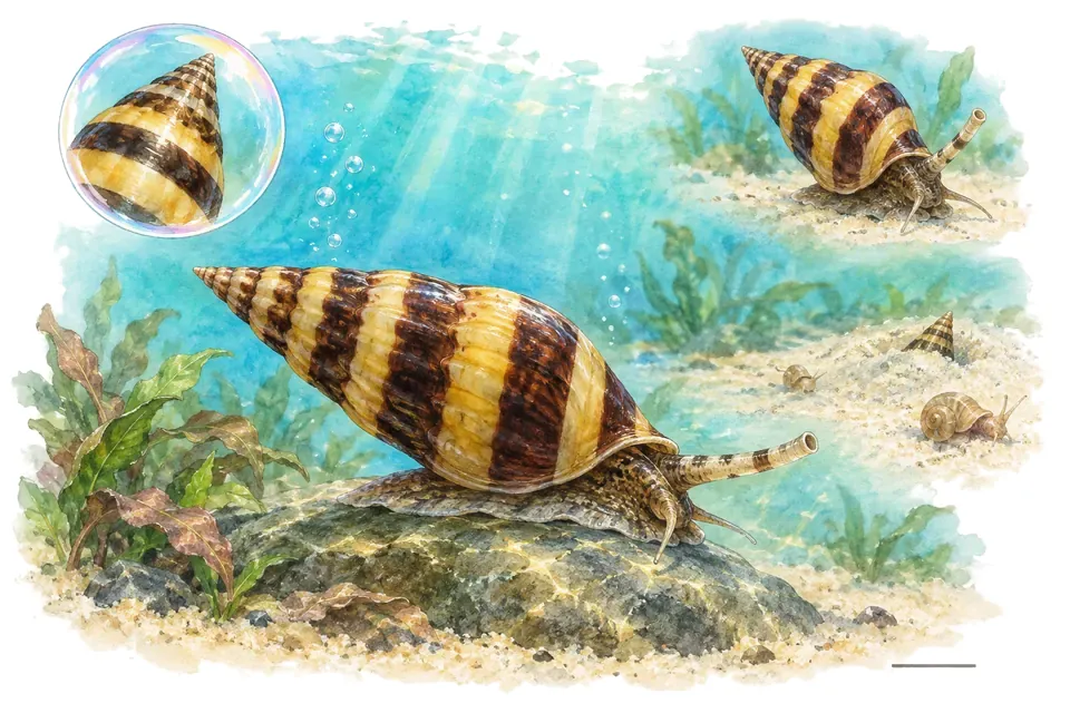 Aquarelle : Escargot assassin (Anentome helena) dans une eau turquoise lumineuse, avec une vue de trois quarts et un détail dans une bulle.