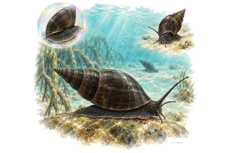 Aquarelle : Escargot faune (Faunus ater) dans une eau turquoise lumineuse, avec une vue de trois quarts et un détail dans une bulle.