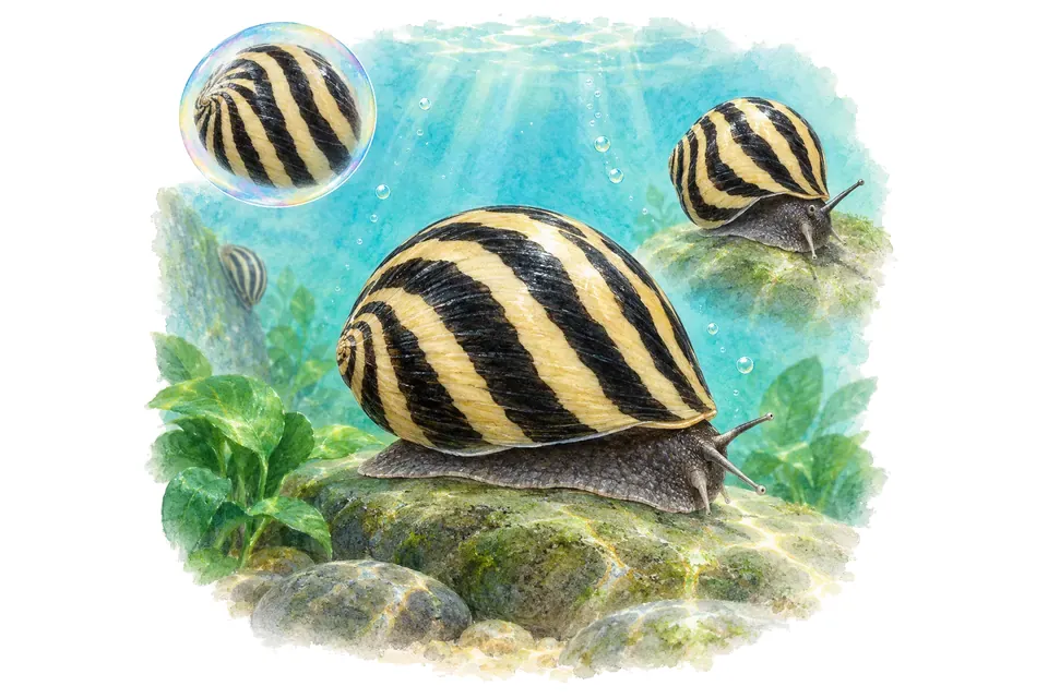Aquarelle : Néritine zébrée (Neritina natalensis) dans une eau turquoise lumineuse, avec une vue de trois quarts et un détail dans une bulle.