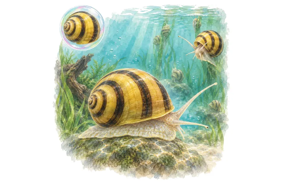 Aquarelle : Escargot pomme zébré (Asolene spixii) dans une eau turquoise lumineuse, avec une vue de trois quarts et un détail dans une bulle.