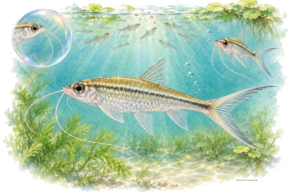 Aquarelle : Barbus volant (Esomus danricus) dans une eau turquoise lumineuse, avec une vue de trois quarts et un détail dans une bulle.
