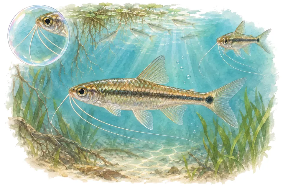 Aquarelle : Esomus métallique (Esomus metallicus) dans une eau turquoise lumineuse, avec une vue de trois quarts et un détail dans une bulle.