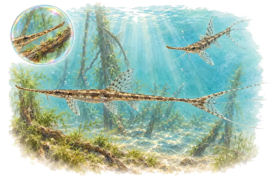 Aquarelle : Farlowella commune (Farlowella acus) dans une eau turquoise lumineuse, avec une vue de trois quarts et un détail dans une bulle.