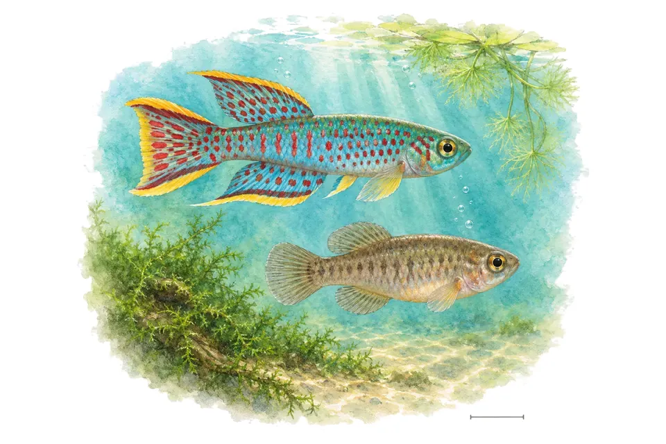 Aquarelle : Killi de Gardner, mâle et femelle l'un au-dessus de l'autre dans une eau turquoise.