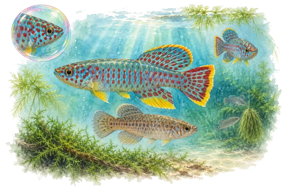 Aquarelle : Killi de Gardner (Fundulopanchax gardneri) dans une eau turquoise lumineuse, avec une vue de trois quarts et un détail dans une bulle.