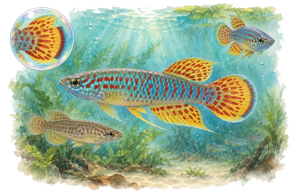 Aquarelle : Killie bleu (Fundulopanchax sjostedti) dans une eau turquoise lumineuse, avec une vue de trois quarts et un détail dans une bulle.
