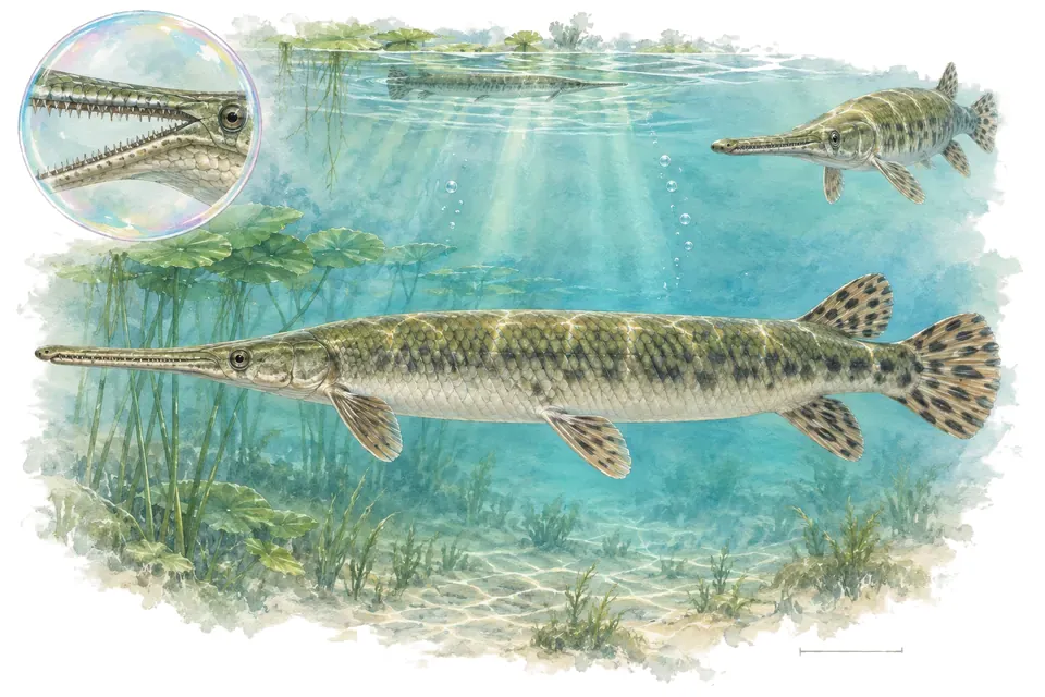Aquarelle : Gar à long nez (Lepisosteus osseus) dans une eau turquoise lumineuse, avec une vue de trois quarts et un détail dans une bulle.