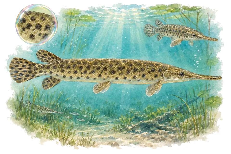 Aquarelle : Gar tacheté (Lepisosteus oculatus) dans une eau turquoise lumineuse, avec une vue de trois quarts et un détail dans une bulle.