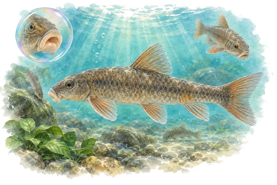 Aquarelle : Garra rufa (Garra rufa) dans une eau turquoise lumineuse, avec une vue de trois quarts et un détail dans une bulle.