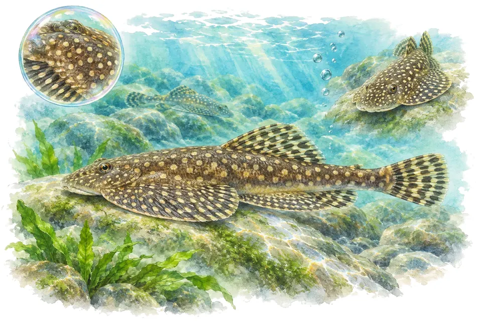 Aquarelle : Gastromyzon ponctué (Gastromyzon punctulatus) dans une eau turquoise lumineuse, avec une vue de trois quarts et un détail dans une bulle.