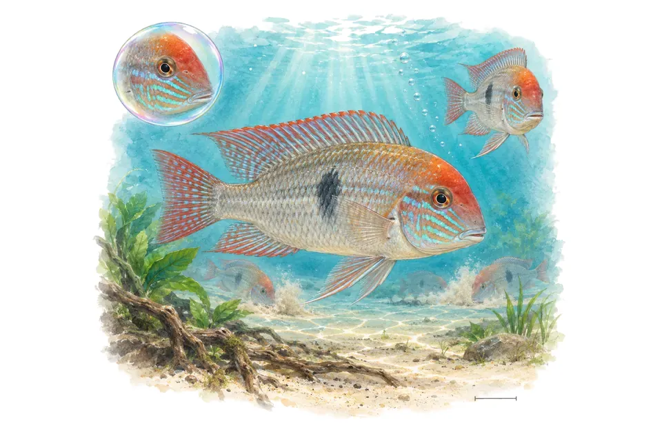 Aquarelle : Géophagus à tête rouge (Geophagus sveni) dans une eau turquoise lumineuse, avec une vue de trois quarts et un détail dans une bulle.