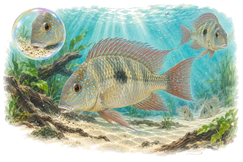 Aquarelle : Géophage altifrons (Geophagus altifrons) dans une eau turquoise lumineuse, avec une vue de trois quarts et un détail dans une bulle.