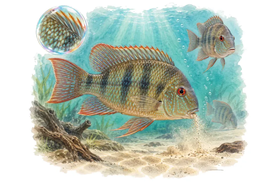 Aquarelle : Géophage du Brésil (Geophagus brasiliensis) dans une eau turquoise lumineuse, avec une vue de trois quarts et un détail dans une bulle.