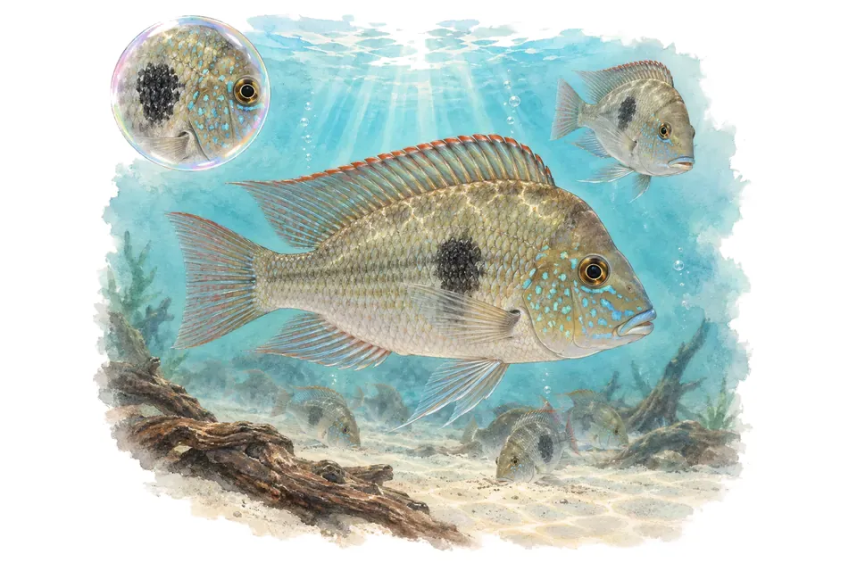 Aquarelle : Géophagus de Pellegrin (Geophagus pellegrini) dans une eau turquoise lumineuse, avec une vue de trois quarts et un détail dans une bulle.