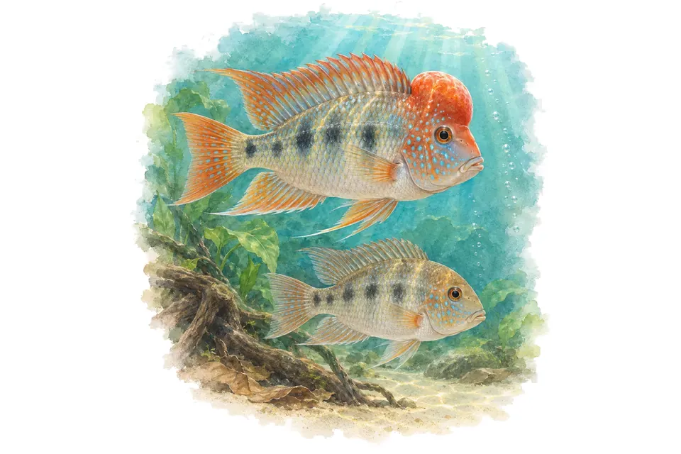 Aquarelle : Géophage à bosse rouge, mâle et femelle l'un au-dessus de l'autre dans une eau turquoise.